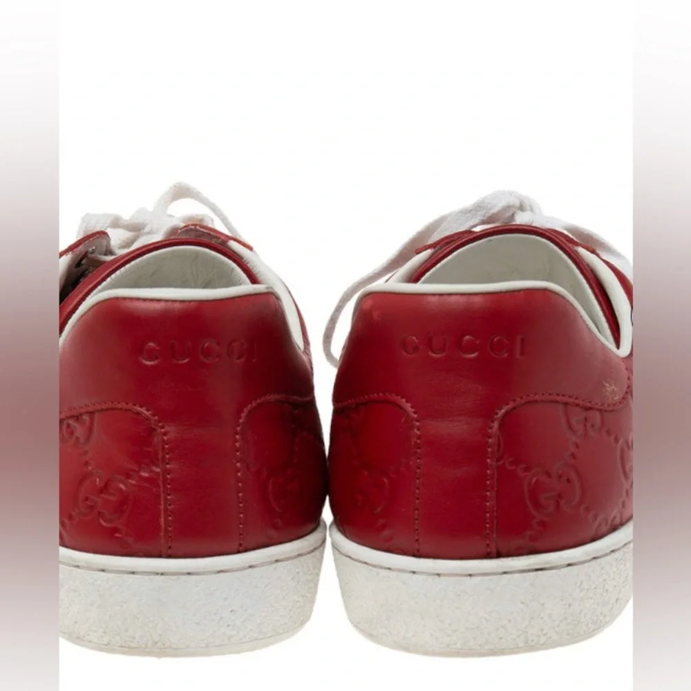 Authentic Gucci Red Monogram Leather Sneakers - GG Embossed - Navy Web - Size 42